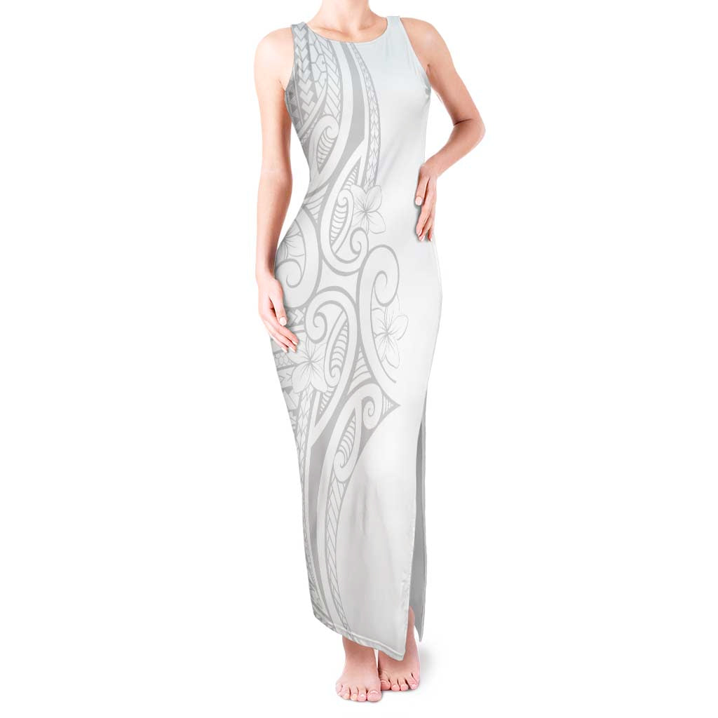 Polynesia White Sunday Tank Maxi Dress Plumeria Polynesian Tribal Grey Color - Polynesian Pride