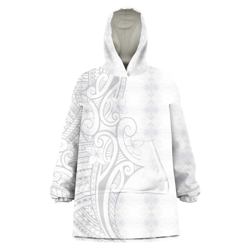 Polynesia White Sunday Wearable Blanket Hoodie Plumeria Polynesian Tribal Grey Color - Polynesian Pride