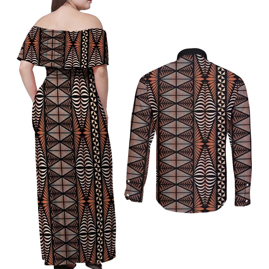 Malo e lelei Tonga Couples Matching Off Shoulder Maxi Dress and Long Sleeve Button Shirt Tongan Ngatu Vintage Brown LT14 - Polynesian Pride
