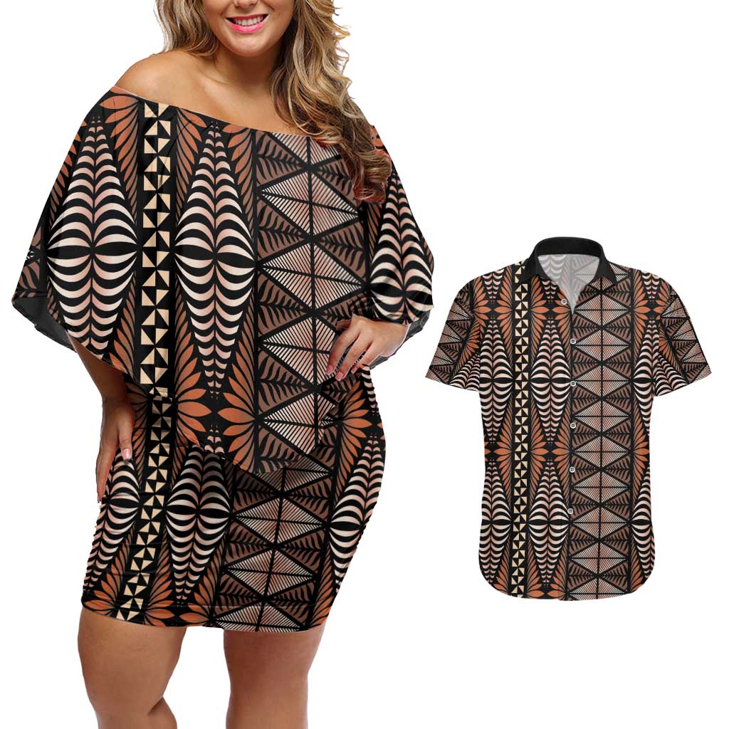 Malo e lelei Tonga Couples Matching Off Shoulder Short Dress and Hawaiian Shirt Tongan Ngatu Vintage Brown - Polynesian Pride