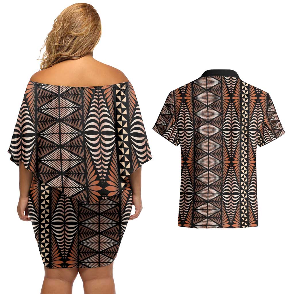 Malo e lelei Tonga Couples Matching Off Shoulder Short Dress and Hawaiian Shirt Tongan Ngatu Vintage Brown - Polynesian Pride