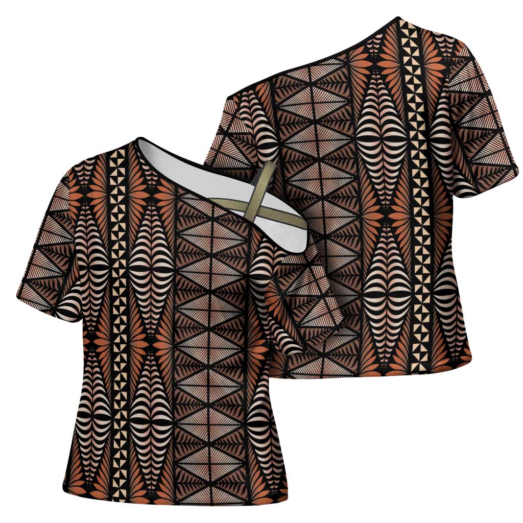 Malo e lelei Tonga Cross Shoulder Shirt Tongan Ngatu Vintage Brown - Polynesian Pride