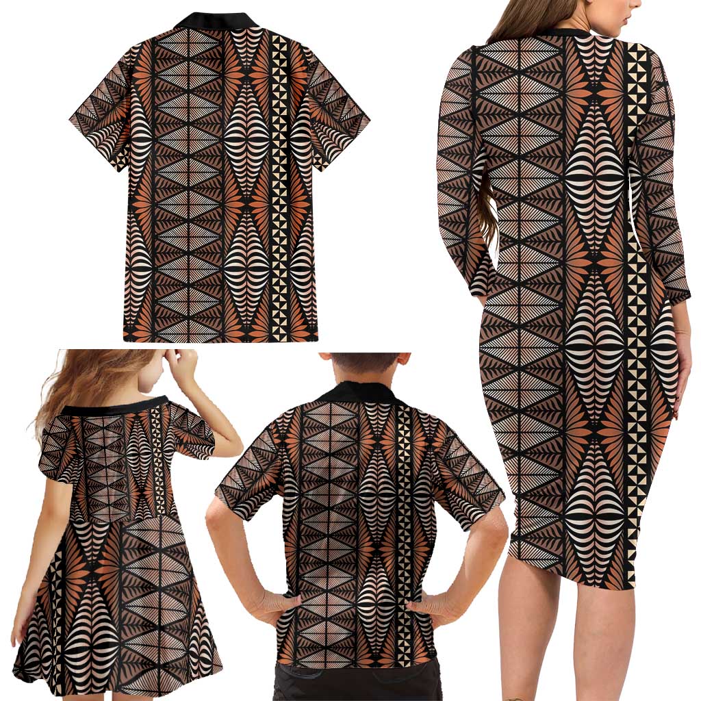 Malo e lelei Tonga Family Matching Long Sleeve Bodycon Dress and Hawaiian Shirt Tongan Ngatu Vintage Brown - Polynesian Pride