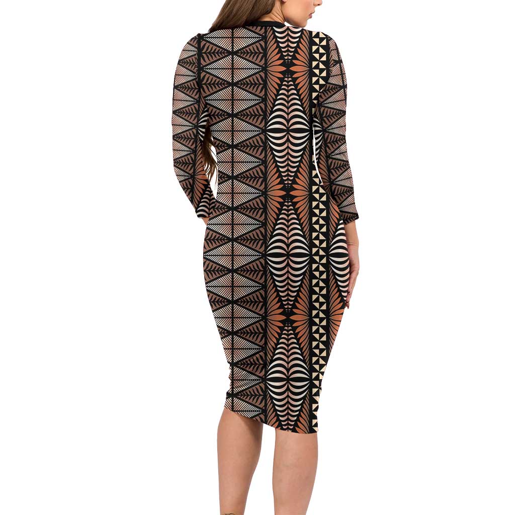 Malo e lelei Tonga Family Matching Long Sleeve Bodycon Dress and Hawaiian Shirt Tongan Ngatu Vintage Brown - Polynesian Pride