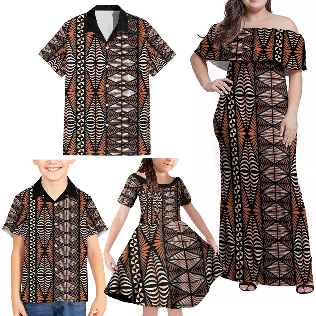 Malo e lelei Tonga Family Matching Off Shoulder Maxi Dress and Hawaiian Shirt Tongan Ngatu Vintage Brown - Polynesian Pride