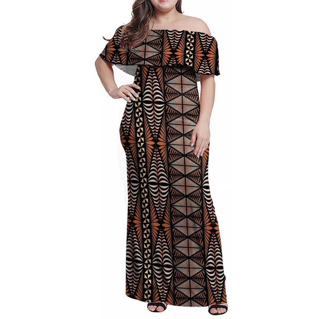 Malo e lelei Tonga Family Matching Off Shoulder Maxi Dress and Hawaiian Shirt Tongan Ngatu Vintage Brown - Polynesian Pride