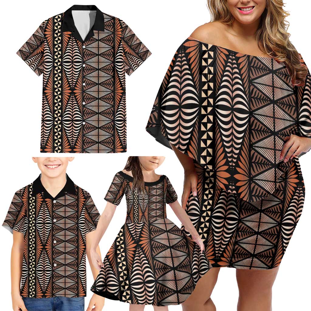 Malo e lelei Tonga Family Matching Off Shoulder Short Dress and Hawaiian Shirt Tongan Ngatu Vintage Brown - Polynesian Pride