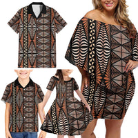 Malo e lelei Tonga Family Matching Off Shoulder Short Dress and Hawaiian Shirt Tongan Ngatu Vintage Brown - Polynesian Pride