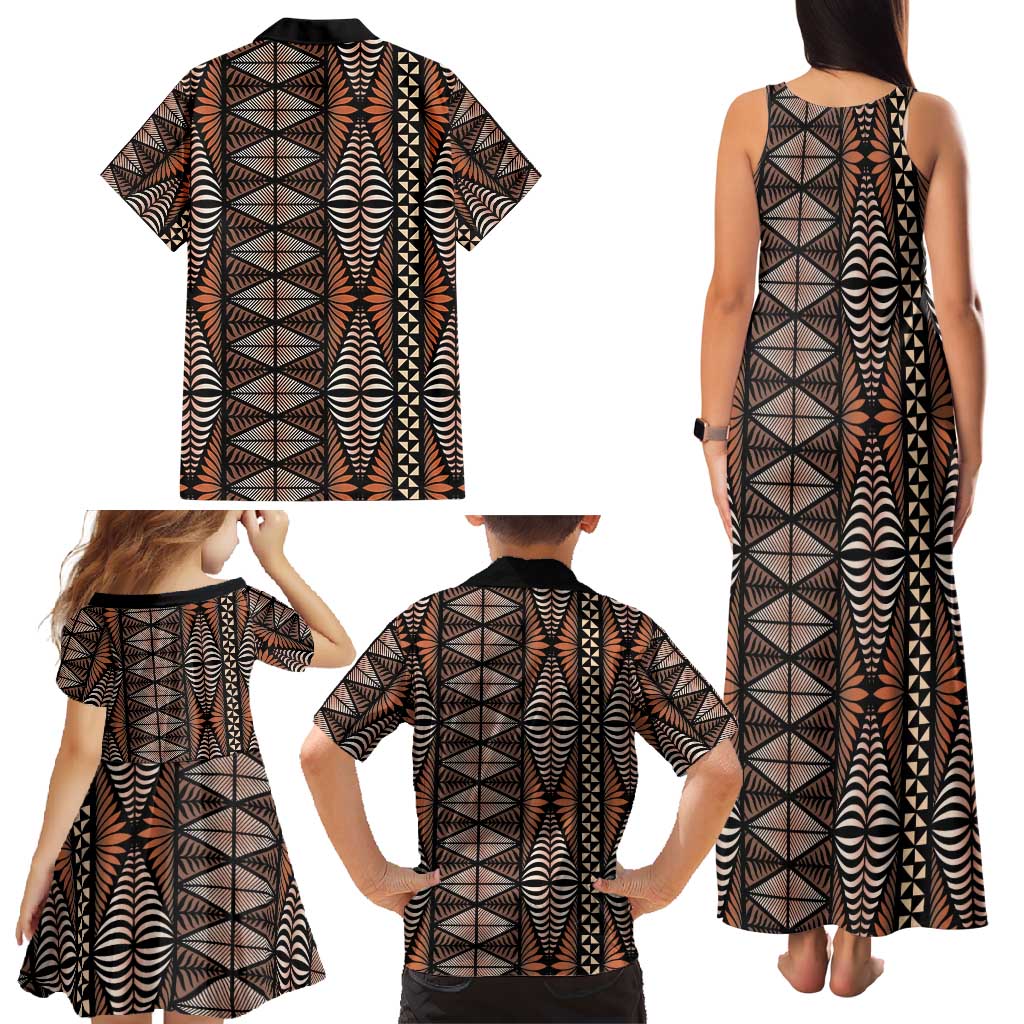 Malo e lelei Tonga Family Matching Tank Maxi Dress and Hawaiian Shirt Tongan Ngatu Vintage Brown - Polynesian Pride