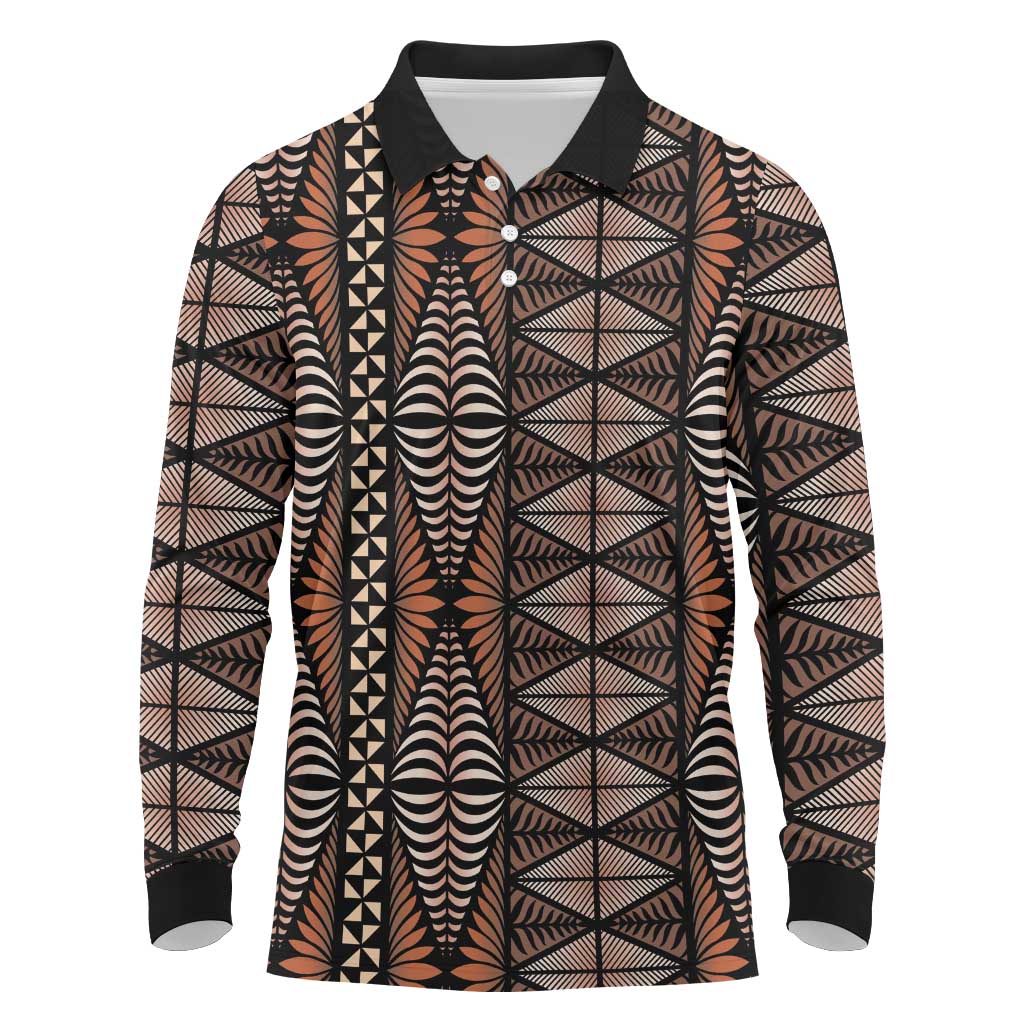 Malo e lelei Tonga Long Sleeve Polo Shirt Tongan Ngatu Vintage Brown - Polynesian Pride