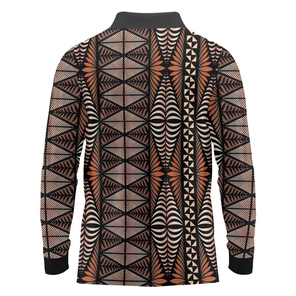 Malo e lelei Tonga Long Sleeve Polo Shirt Tongan Ngatu Vintage Brown - Polynesian Pride