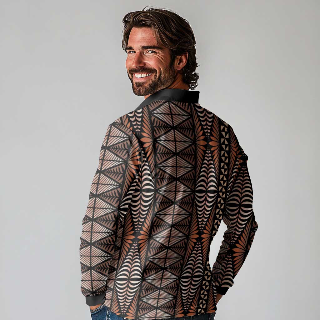 Malo e lelei Tonga Long Sleeve Polo Shirt Tongan Ngatu Vintage Brown - Polynesian Pride