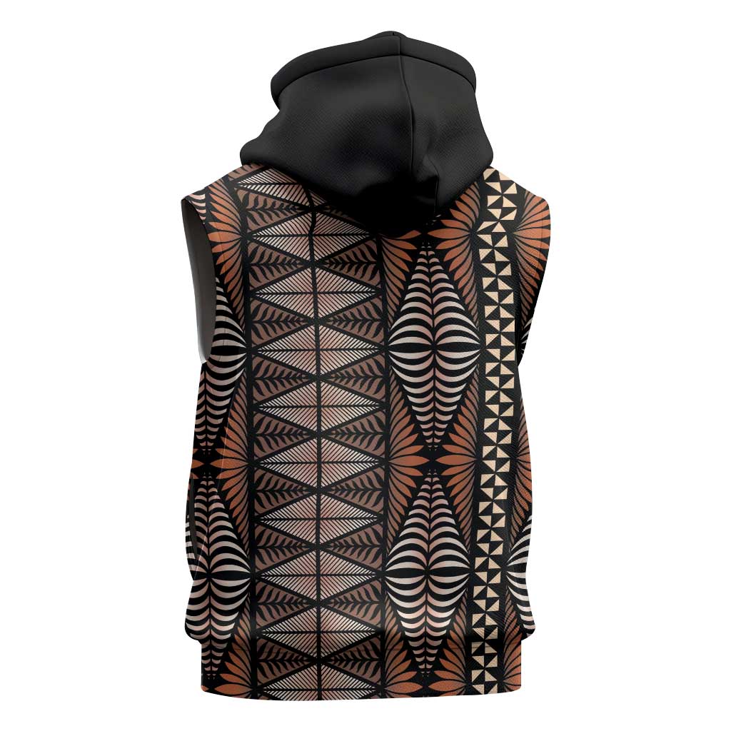 Malo e lelei Tonga Sleeveless Zip Hoodie Tongan Ngatu Vintage Brown - Polynesian Pride