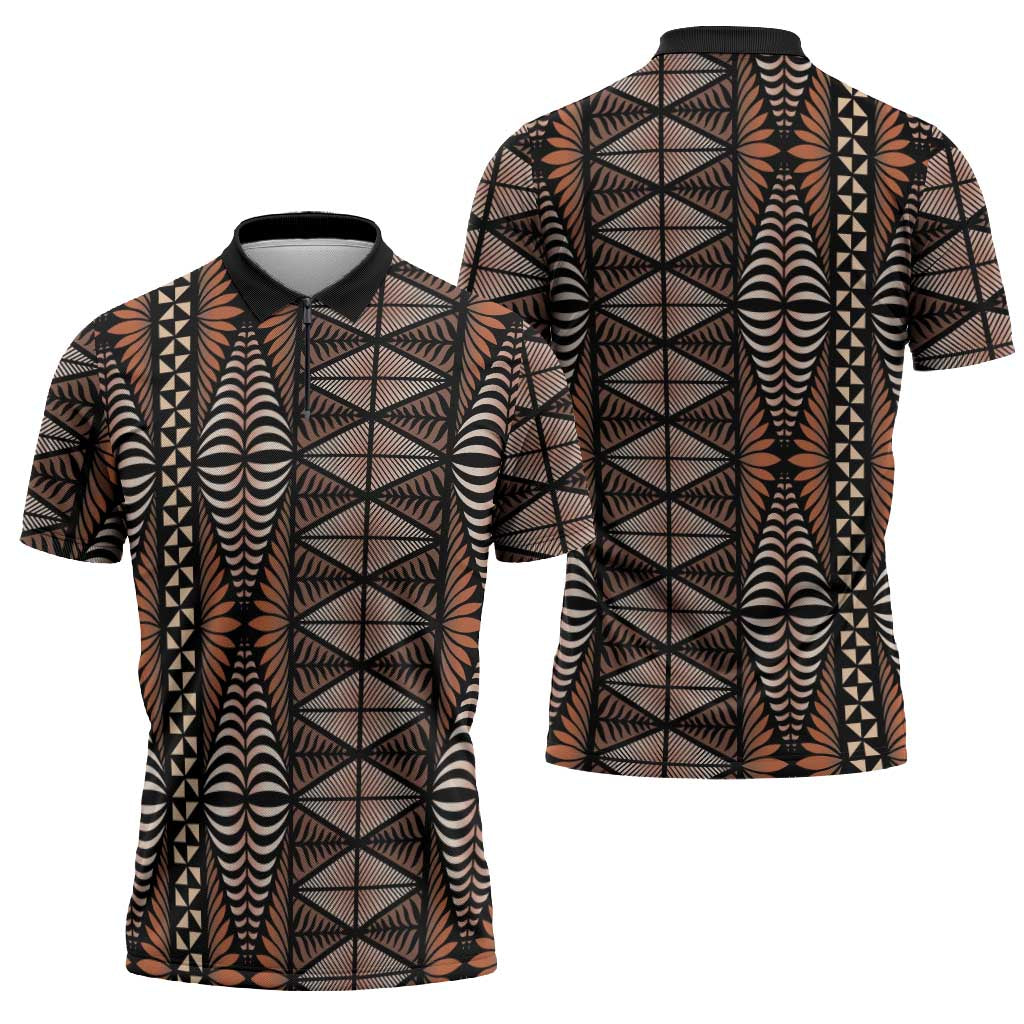 Malo e lelei Tonga Zipper Polo Shirt Tongan Ngatu Vintage Brown - Polynesian Pride