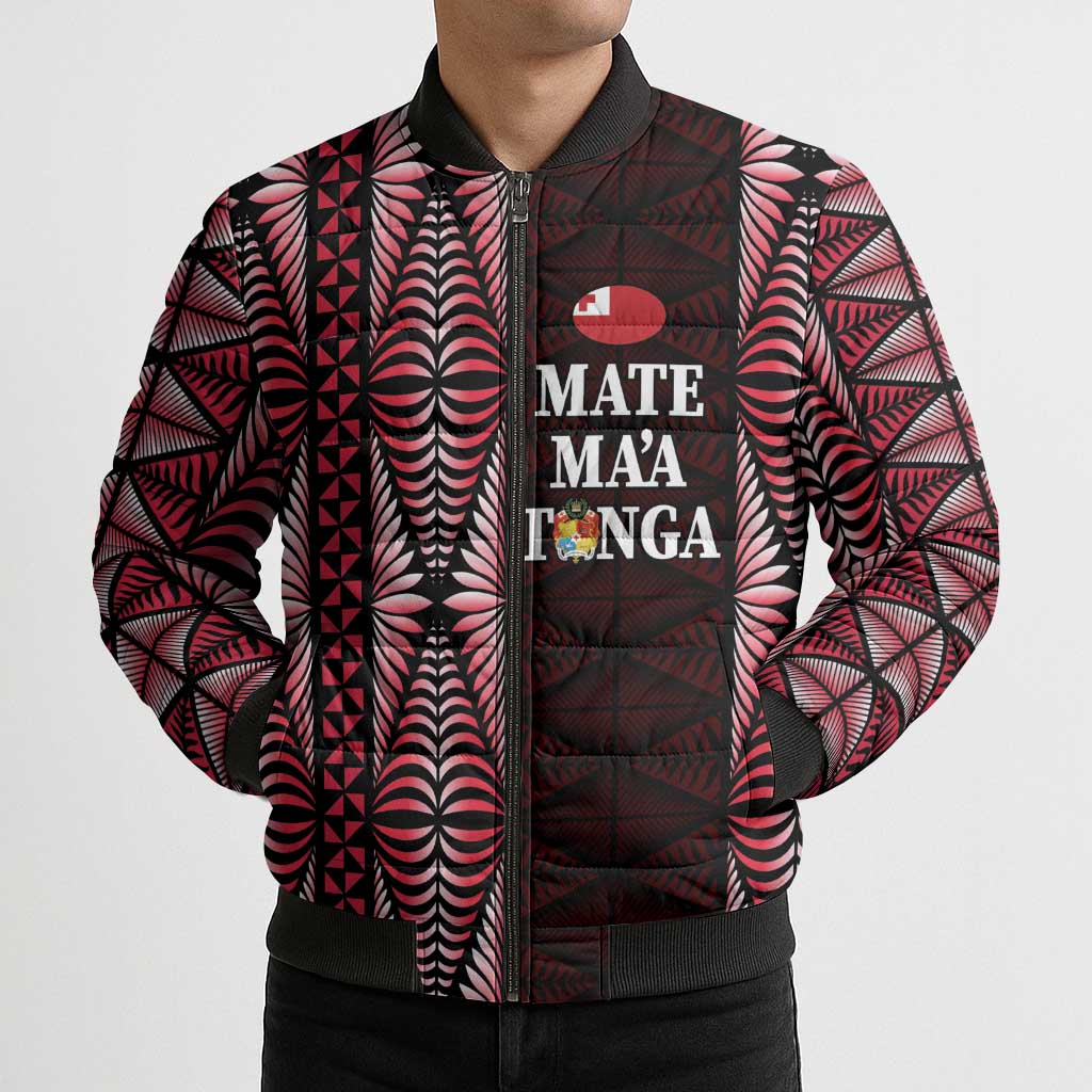 Tonga Rugby Personalised Bomber Puffer Jacket 2025 Mate Maa Tonga Ngatu Motif - Polynesian Pride