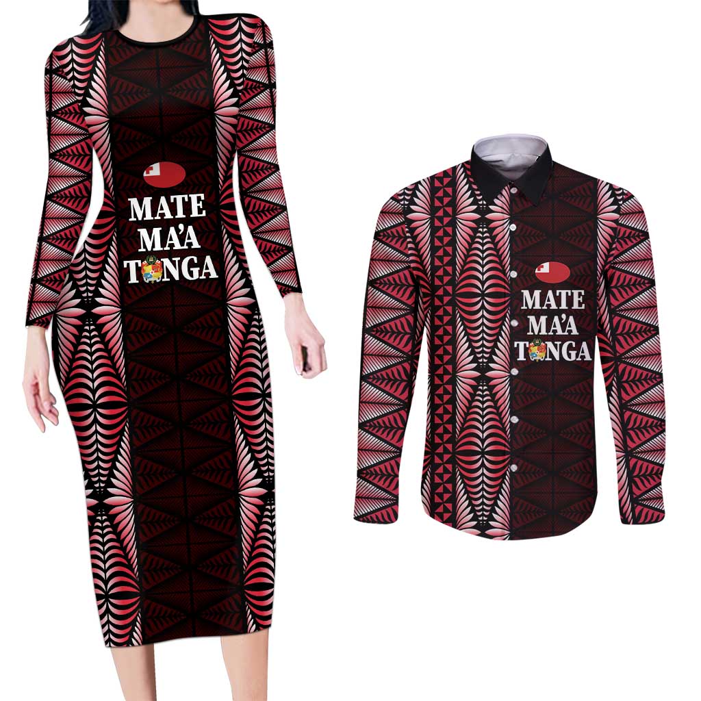 Tonga Rugby Personalised Couples Matching Long Sleeve Bodycon Dress and Long Sleeve Button Shirt 2025 Mate Maa Tonga Ngatu Motif - Polynesian Pride