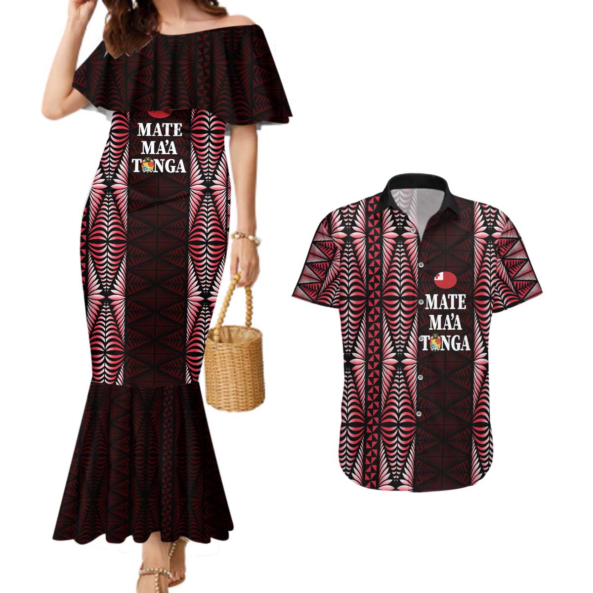 Tonga Rugby Personalised Couples Matching Mermaid Dress and Hawaiian Shirt 2025 Mate Maa Tonga Ngatu Motif - Polynesian Pride