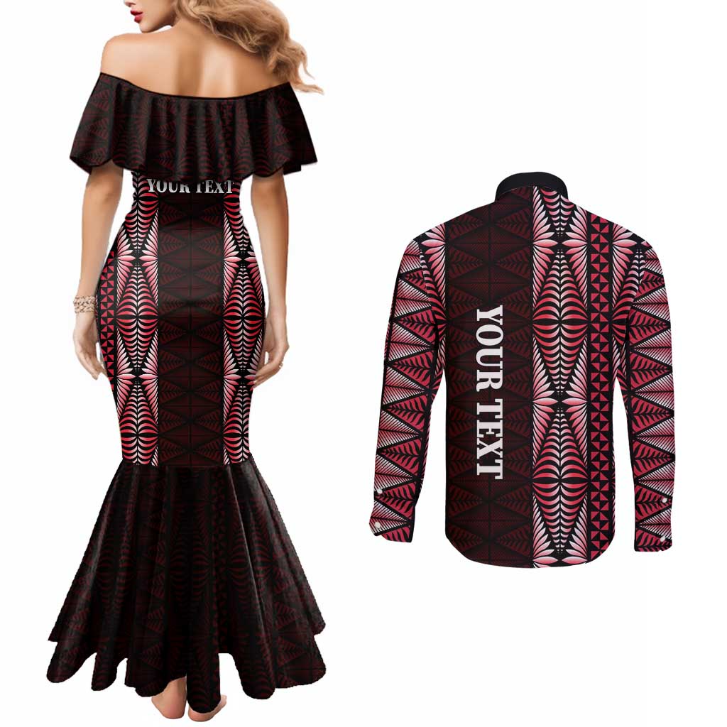 Tonga Rugby Personalised Couples Matching Mermaid Dress and Long Sleeve Button Shirt 2025 Mate Maa Tonga Ngatu Motif - Polynesian Pride