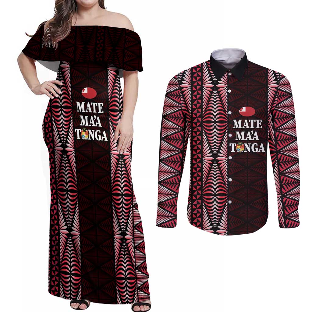Tonga Rugby Personalised Couples Matching Off Shoulder Maxi Dress and Long Sleeve Button Shirt 2025 Mate Maa Tonga Ngatu Motif LT14 Red - Polynesian Pride
