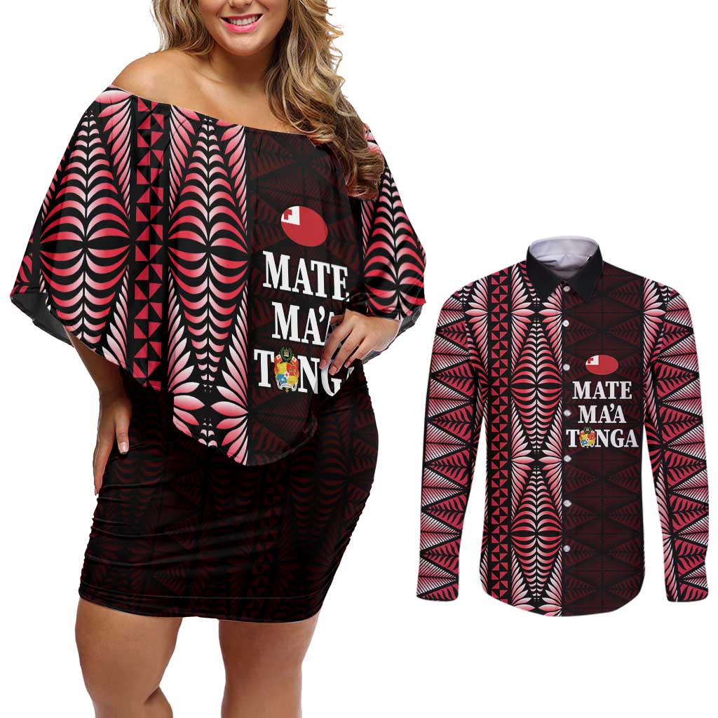 Tonga Rugby Personalised Couples Matching Off Shoulder Short Dress and Long Sleeve Button Shirt 2025 Mate Maa Tonga Ngatu Motif LT14 Red - Polynesian Pride