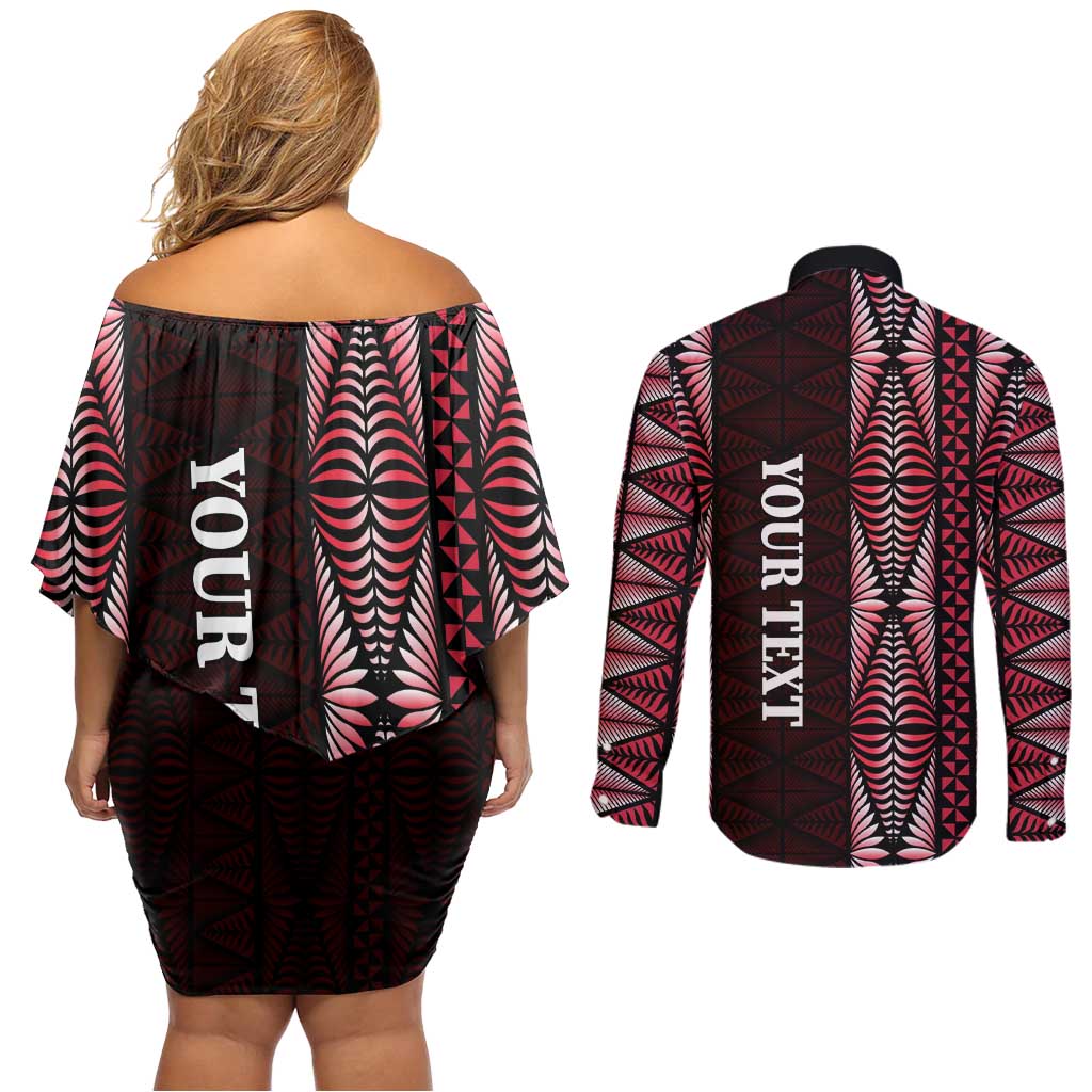 Tonga Rugby Personalised Couples Matching Off Shoulder Short Dress and Long Sleeve Button Shirt 2025 Mate Maa Tonga Ngatu Motif LT14 - Polynesian Pride