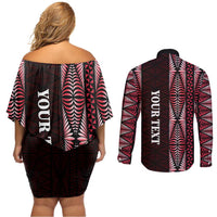 Tonga Rugby Personalised Couples Matching Off Shoulder Short Dress and Long Sleeve Button Shirt 2025 Mate Maa Tonga Ngatu Motif LT14 - Polynesian Pride