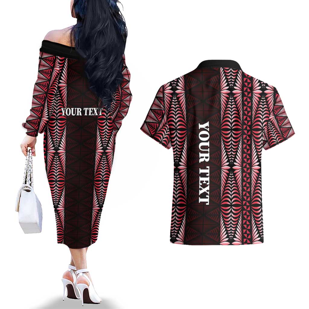 Tonga Rugby Personalised Couples Matching Off The Shoulder Long Sleeve Dress and Hawaiian Shirt 2025 Mate Maa Tonga Ngatu Motif - Polynesian Pride