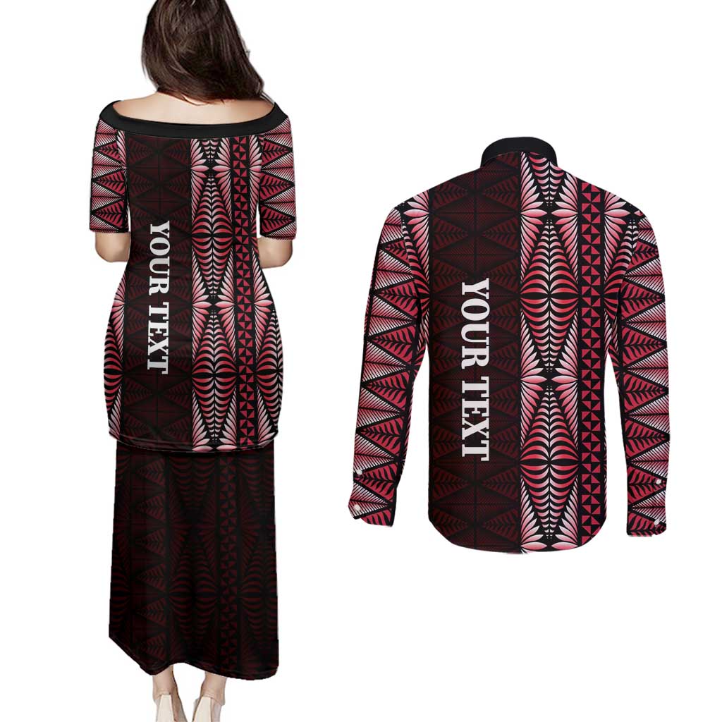 Tonga Rugby Personalised Couples Matching Puletasi and Long Sleeve Button Shirt 2025 Mate Maa Tonga Ngatu Motif - Polynesian Pride
