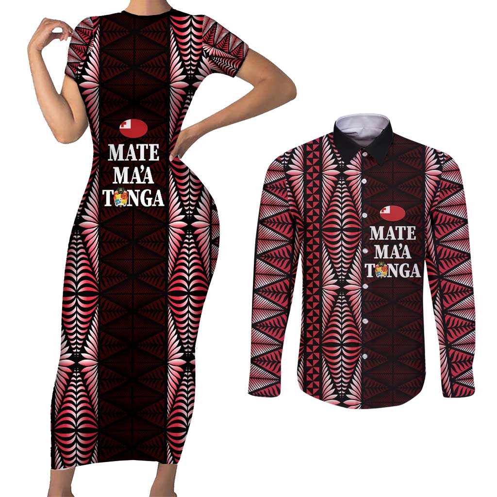 Tonga Rugby Personalised Couples Matching Short Sleeve Bodycon Dress and Long Sleeve Button Shirt 2025 Mate Maa Tonga Ngatu Motif - Polynesian Pride