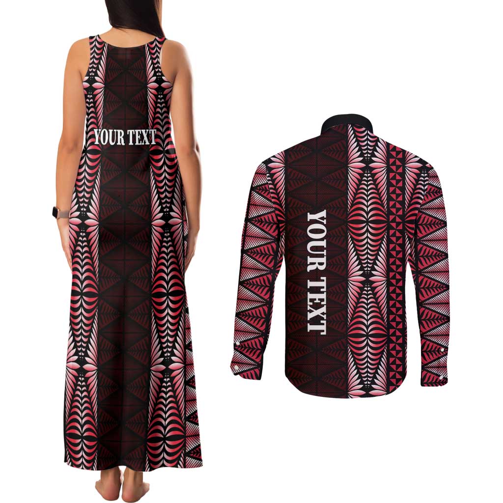 Tonga Rugby Personalised Couples Matching Tank Maxi Dress and Long Sleeve Button Shirt 2025 Mate Maa Tonga Ngatu Motif - Polynesian Pride
