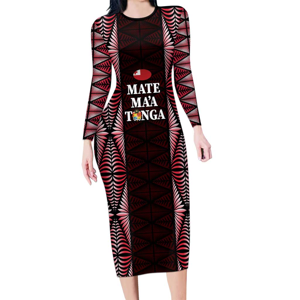 Tonga Rugby Personalised Family Matching Long Sleeve Bodycon Dress and Hawaiian Shirt 2025 Mate Maa Tonga Ngatu Motif - Polynesian Pride