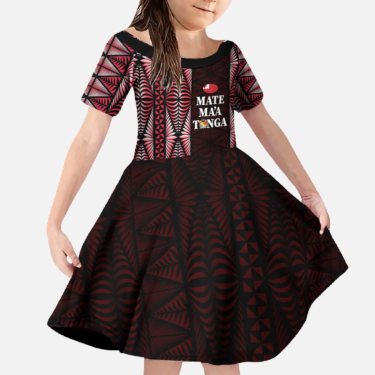 Tonga Rugby Personalised Family Matching Off The Shoulder Long Sleeve Dress and Hawaiian Shirt 2025 Mate Maa Tonga Ngatu Motif - Polynesian Pride