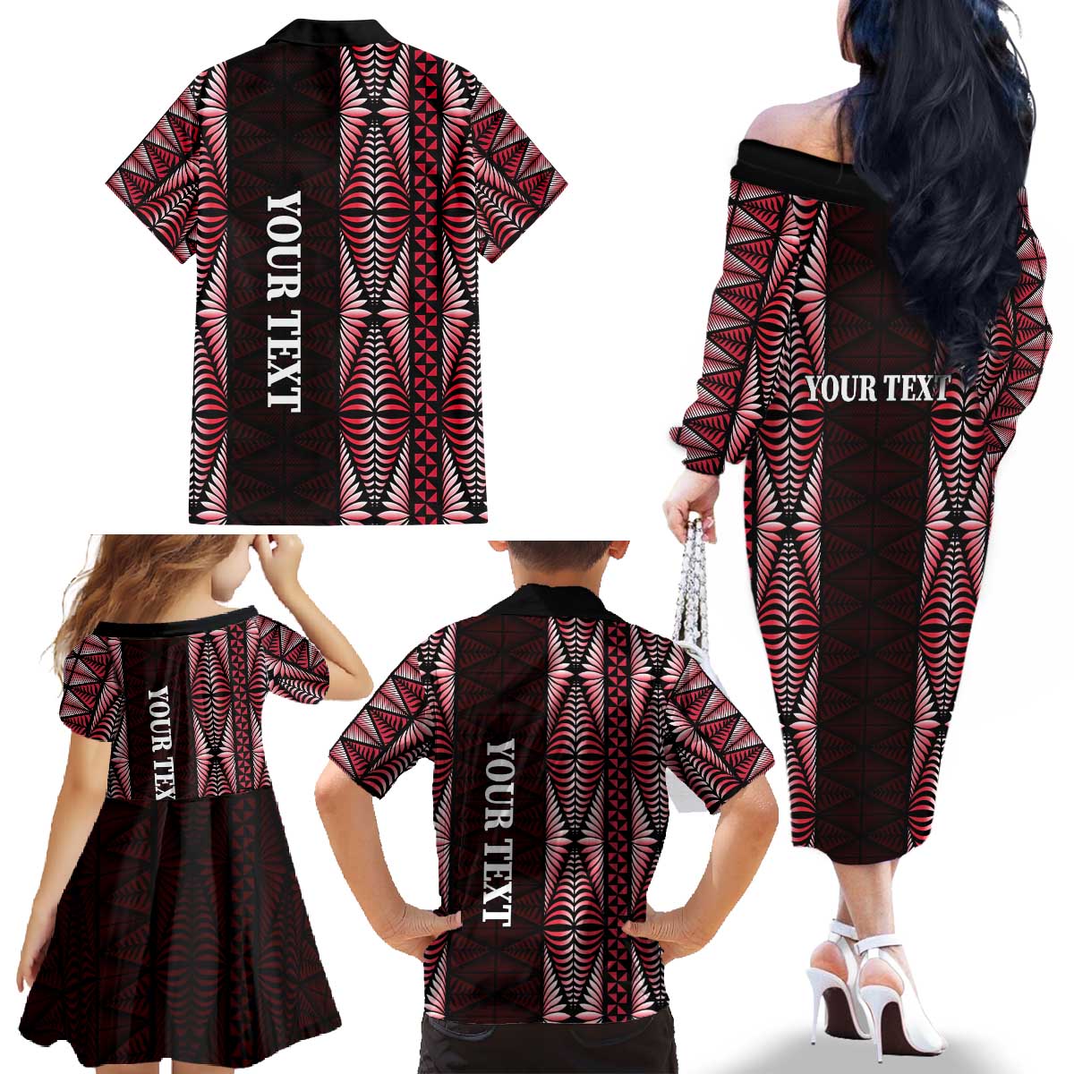 Tonga Rugby Personalised Family Matching Off The Shoulder Long Sleeve Dress and Hawaiian Shirt 2025 Mate Maa Tonga Ngatu Motif - Polynesian Pride