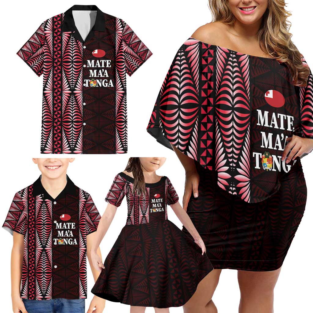 Tonga Rugby Personalised Family Matching Off Shoulder Short Dress and Hawaiian Shirt 2025 Mate Maa Tonga Ngatu Motif - Polynesian Pride