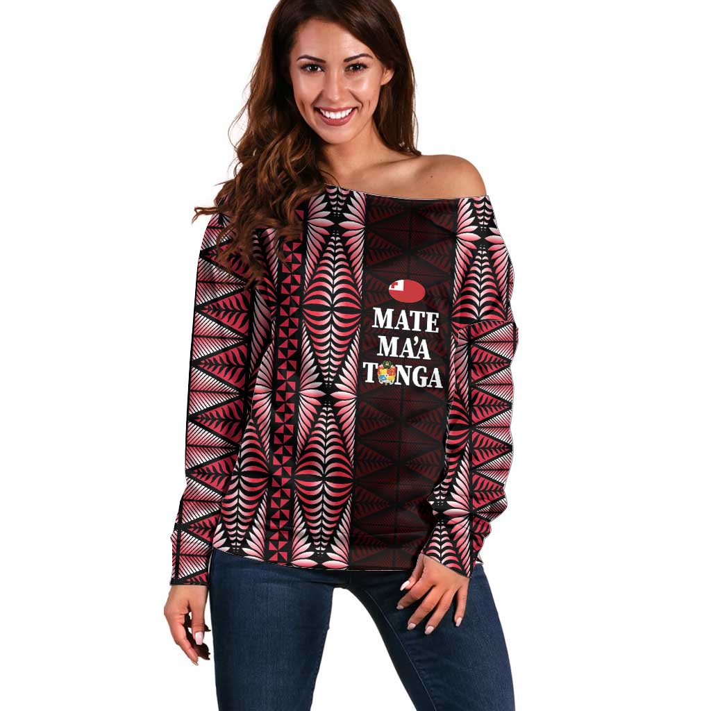 Tonga Rugby Personalised Off Shoulder Sweater 2025 Mate Maa Tonga Ngatu Motif LT14 Women Red - Polynesian Pride