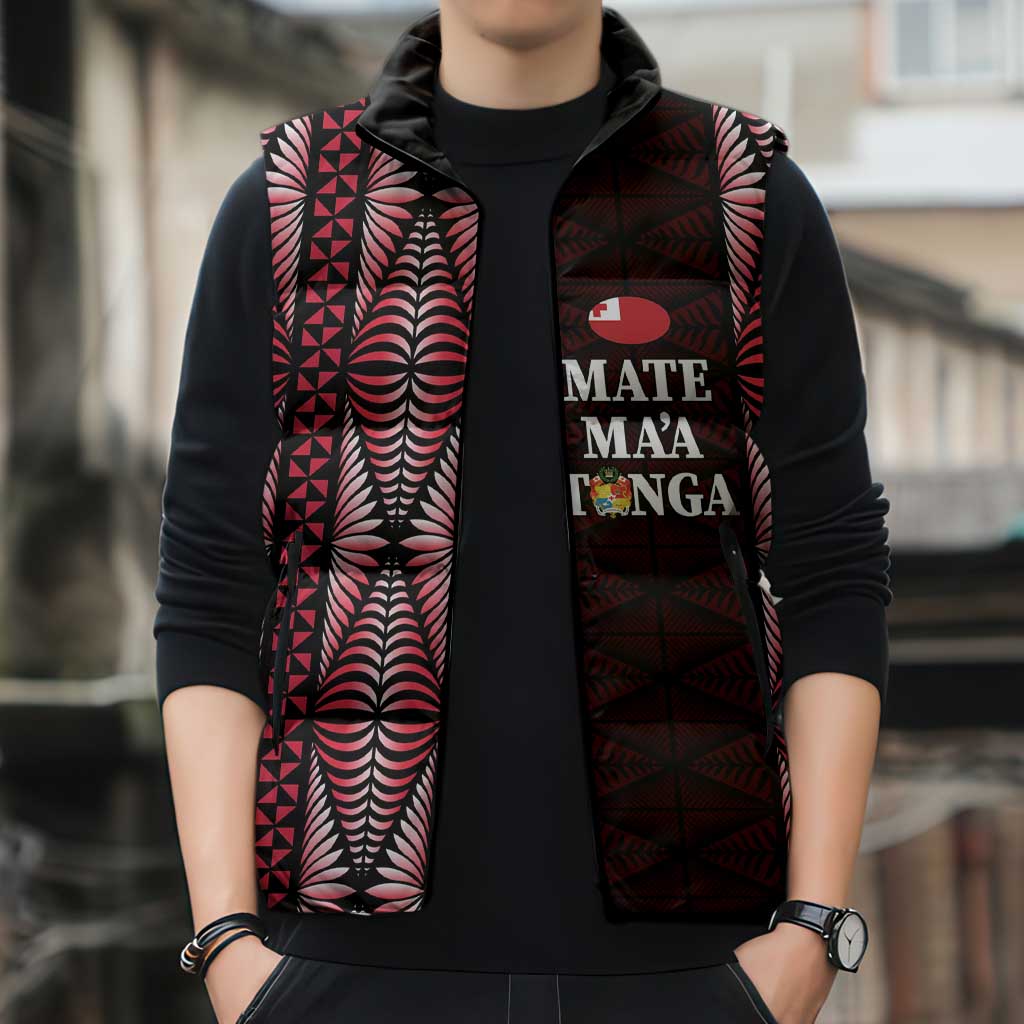 Tonga Rugby Personalised Sleeveless Puffer Jacket 2025 Mate Maa Tonga Ngatu Motif - Polynesian Pride