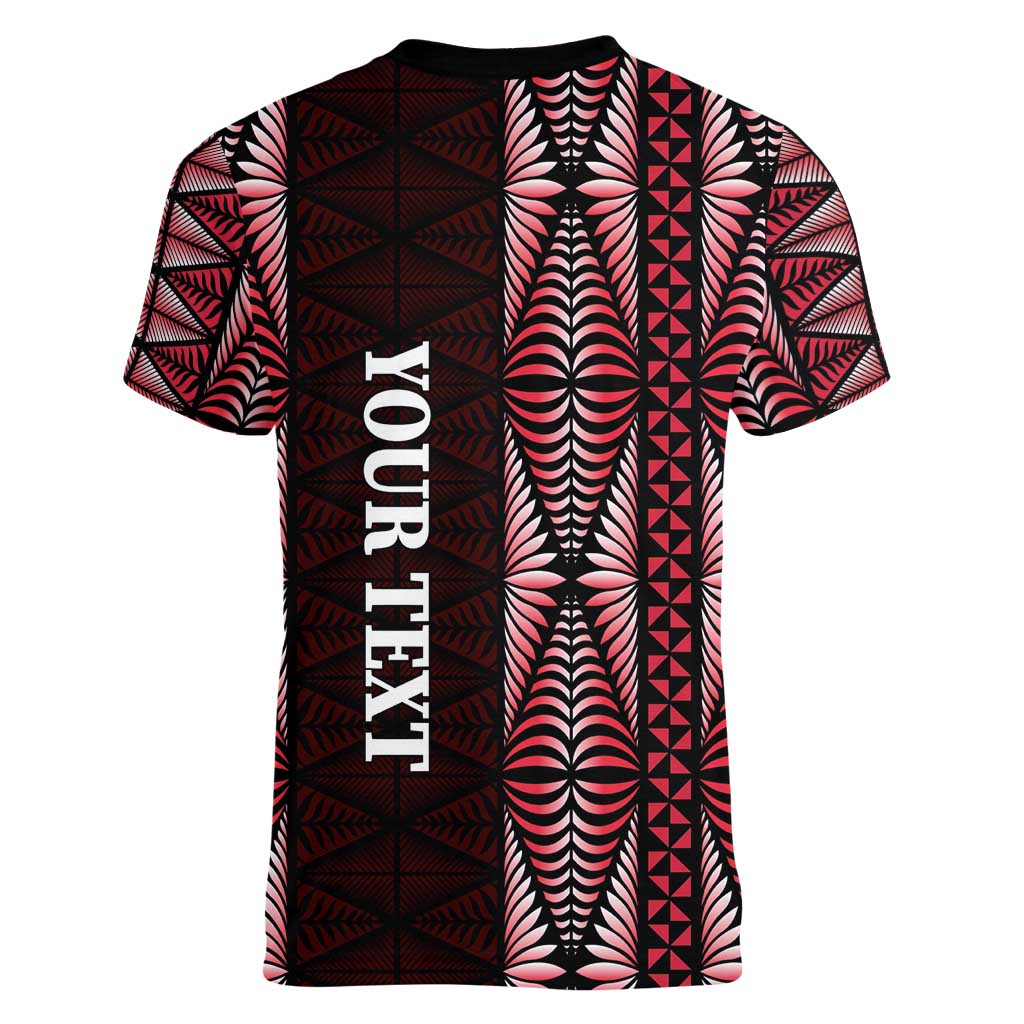 Tonga Rugby Personalised Women V-Neck T-Shirt 2025 Mate Maa Tonga Ngatu Motif - Polynesian Pride