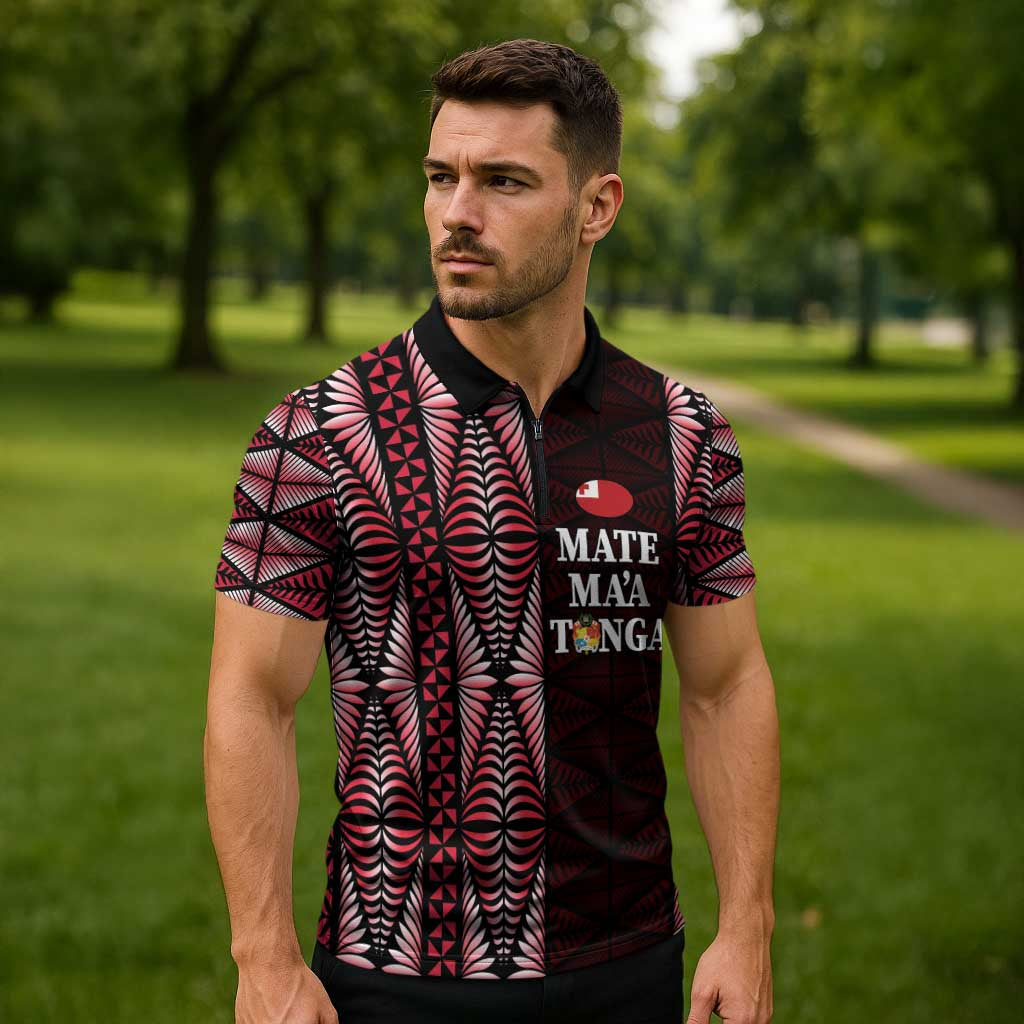 Tonga Rugby Personalised Zipper Polo Shirt 2025 Mate Maa Tonga Ngatu Motif - Polynesian Pride