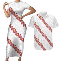 White Sunday Tonga Fakame Couples Matching Short Sleeve Bodycon Dress and Hawaiian Shirt Tongan Ngatu Heilala Lei - Polynesian Pride