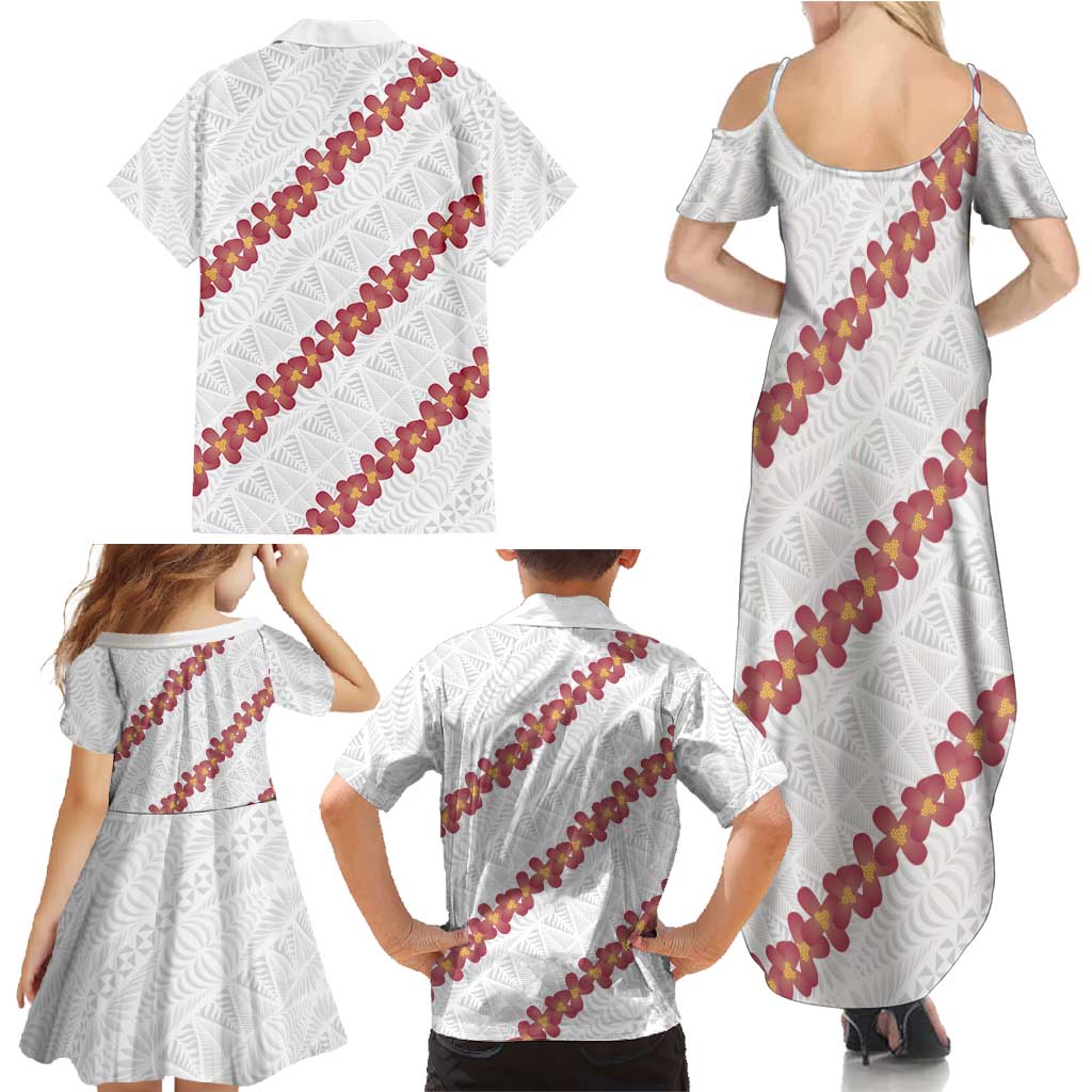 White Sunday Tonga Fakame Family Matching Summer Maxi Dress and Hawaiian Shirt Tongan Ngatu Heilala Lei - Polynesian Pride