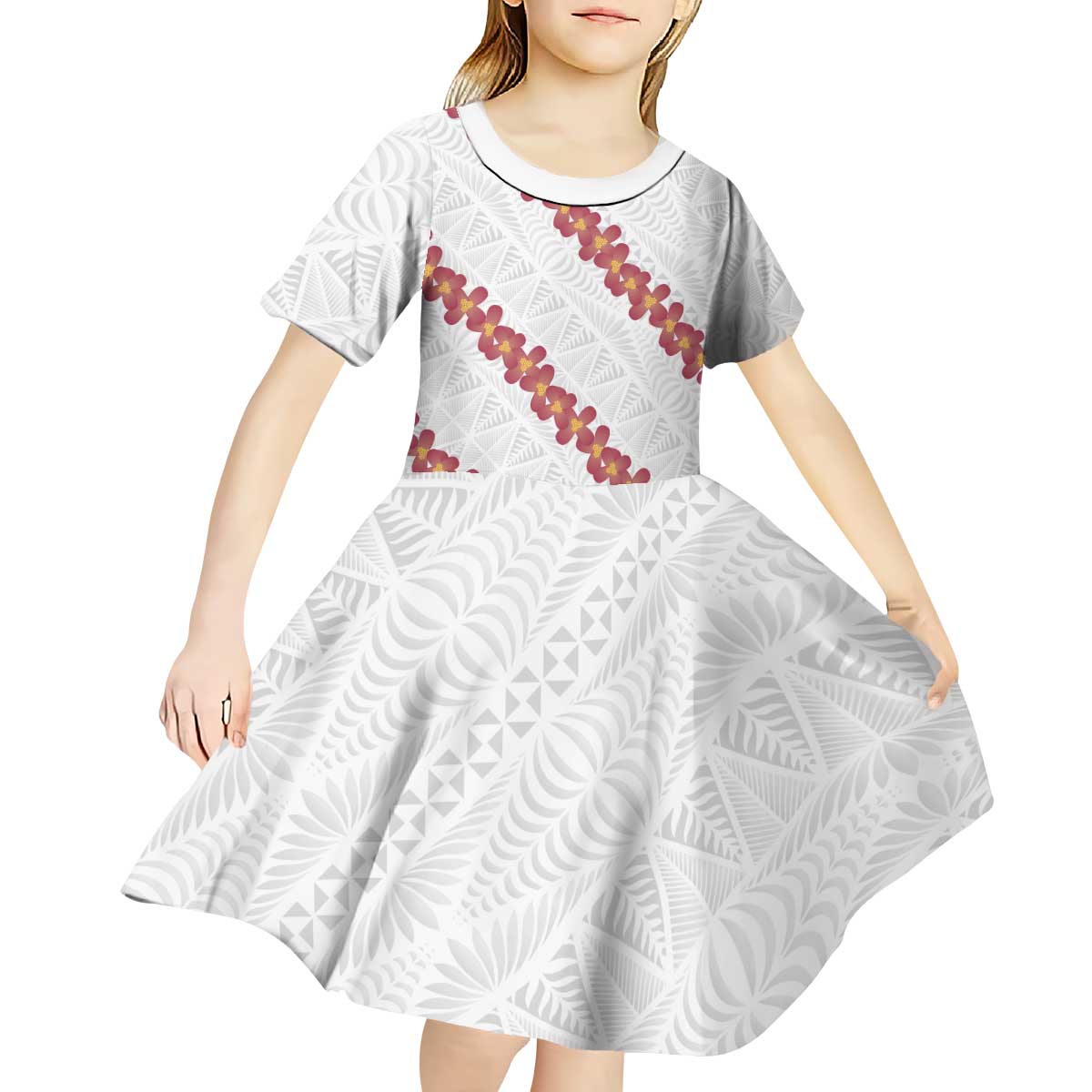 White Sunday Tonga Fakame Kid Short Sleeve Dress Tongan Ngatu Heilala Lei - Polynesian Pride
