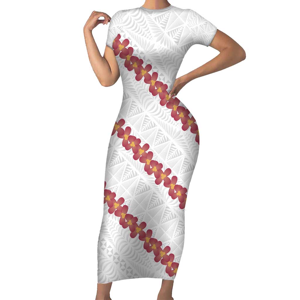 White Sunday Tonga Fakame Short Sleeve Bodycon Dress Tongan Ngatu Heilala Lei - Polynesian Pride