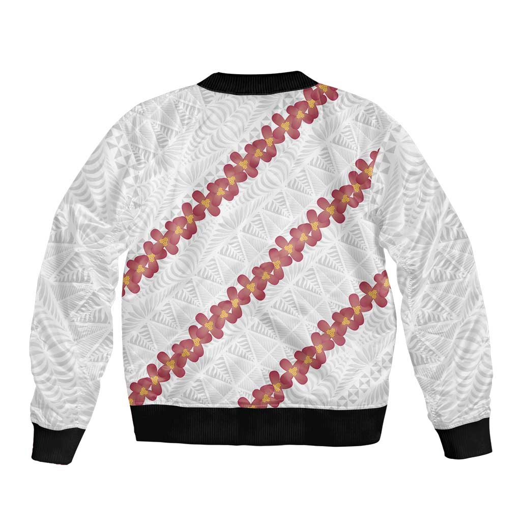 White Sunday Tonga Fakame Sleeve Zip Bomber Jacket Tongan Ngatu Heilala Lei - Polynesian Pride