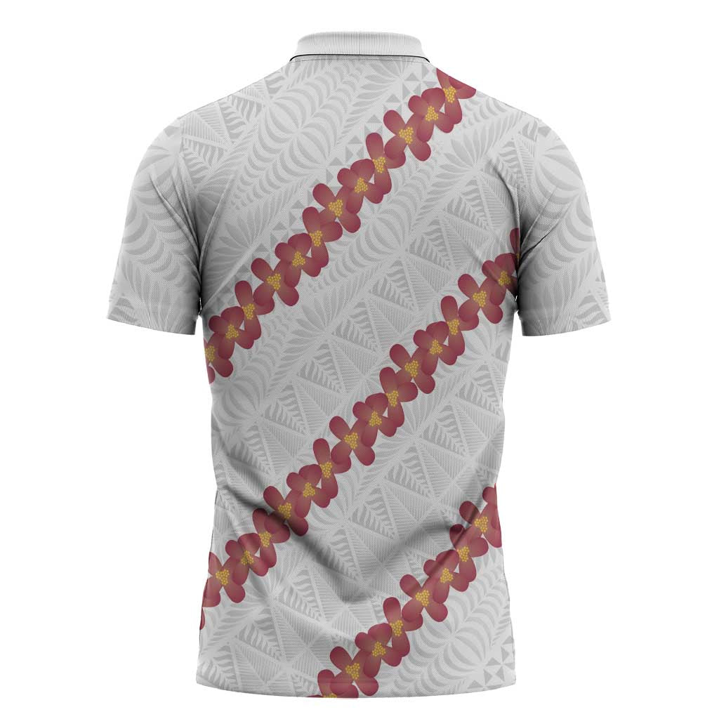 White Sunday Tonga Fakame Zipper Polo Shirt Tongan Ngatu Heilala Lei - Polynesian Pride