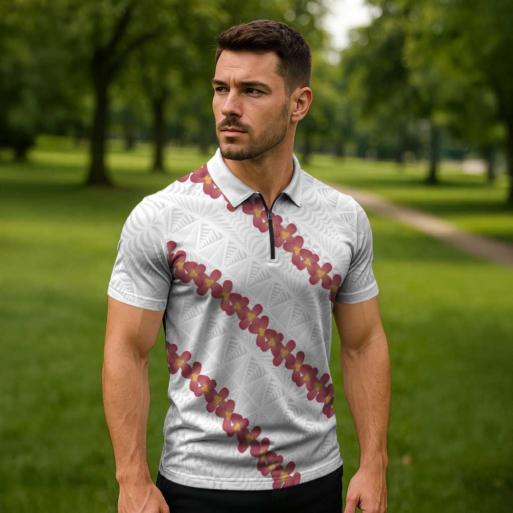 White Sunday Tonga Fakame Zipper Polo Shirt Tongan Ngatu Heilala Lei - Polynesian Pride
