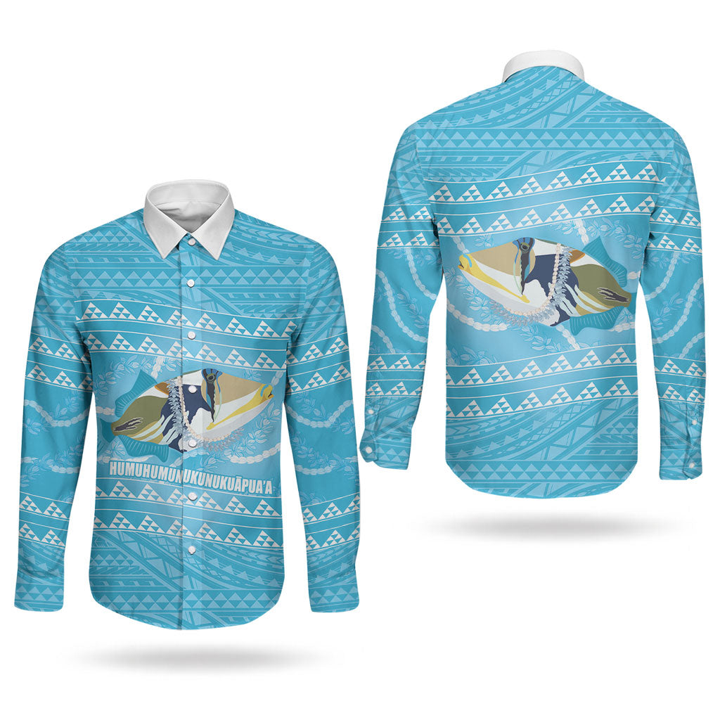 Aloha Hawaii Humuhumu Reef Triggerfish Couples Matching Long Sleeve Bodycon Dress and Long Sleeve Button Shirt Hawaiian Leis Kakau Pattern LT14 - Polynesian Pride