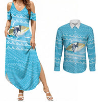 Aloha Hawaii Humuhumu Reef Triggerfish Couples Matching Summer Maxi Dress and Long Sleeve Button Shirt Hawaiian Leis Kakau Pattern LT14 Blue - Polynesian Pride