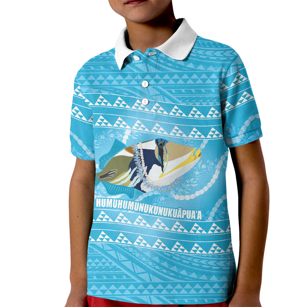 Aloha Hawaii Humuhumu Reef Triggerfish Kid Polo Shirt Hawaiian Leis Kakau Pattern LT14 Kid Blue - Polynesian Pride