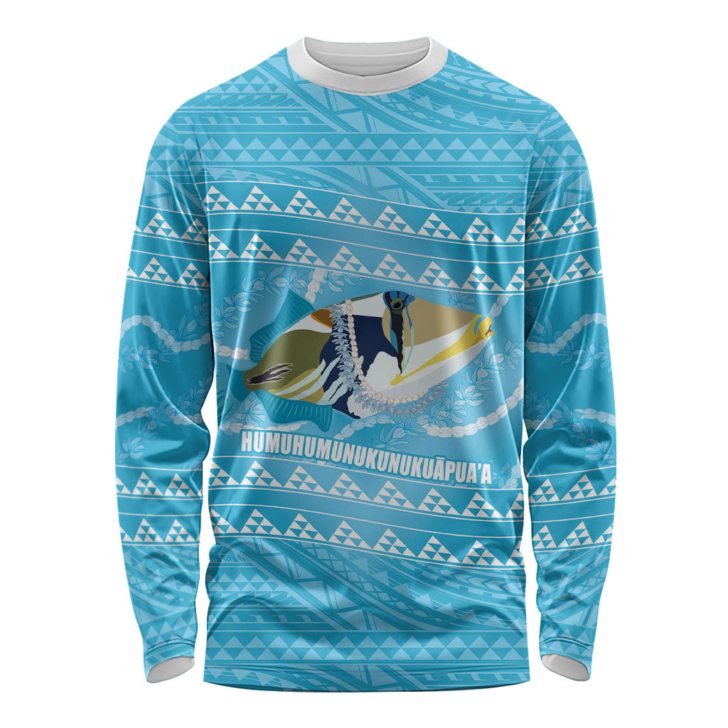 Aloha Hawaii Humuhumu Reef Triggerfish Long Sleeve Shirt Hawaiian Leis Kakau Pattern LT14 Unisex Blue - Polynesian Pride
