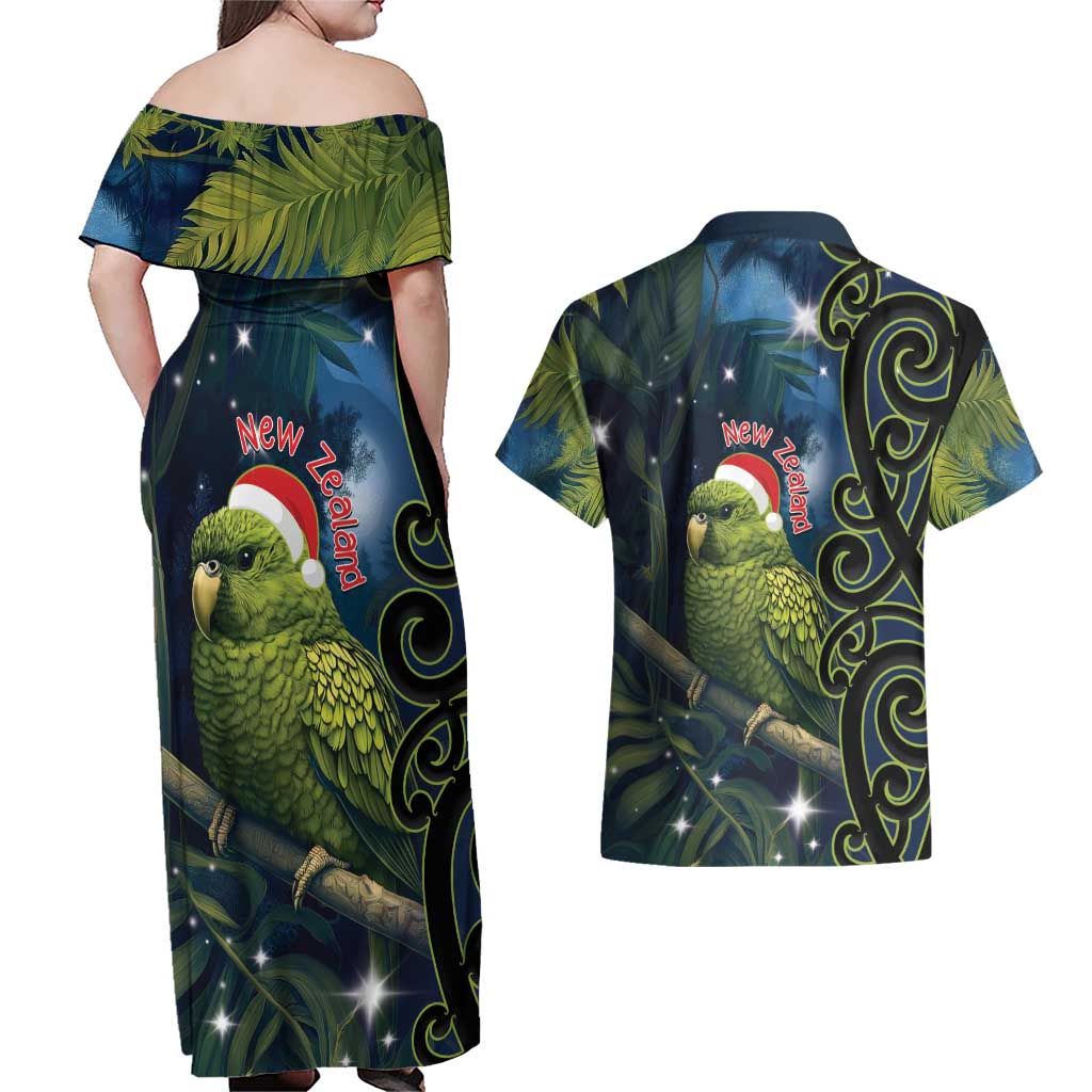 New Zealand Christmas Couples Matching Off Shoulder Maxi Dress and Hawaiian Shirt Cute Kakapo Meri Kirihimete Maori Koru LT14 - Polynesian Pride